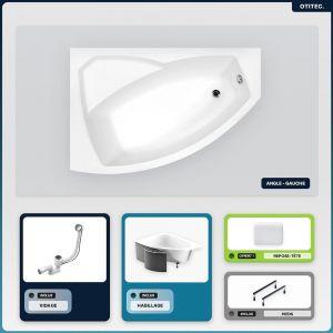 Baignoire asymétrique - 170 x 110 cm - Gauche - avec Habillage - Pieds - Repose-tête - Vidage Chrome - RIMA