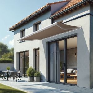 Store banne coffre intégral CINABRE 3.5 x 2 m - Motorisé à interrupteur - Blanc - Toile acrylique taupe