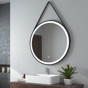 EMKE Miroir lumineux salle de bain rond diam&egrave;tre 80cm cadre noir, Sangle r&eacute;glable, Miroir LED, Interrupteur Tactile, Lumi&egrave;re Froide