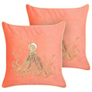 Lot de 2 coussins d&eacute;coratifs LAMINARIA Velours 45 x 45 cm Corail Motif animal