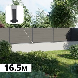Kit Clôture Composite sur Muret RIO Platine 16,5x1,8m - Bois composite & Aluminium - Poteaux sur Platines Gris - Brise vue