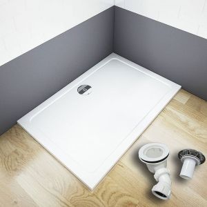 AICA receveur de douche blanc 110x90x3cm rectangulaire, extra-plat, gel coat, bac &agrave; douche anti-d&eacute;rapant avec la bonde de receveur et le siphon 90cm