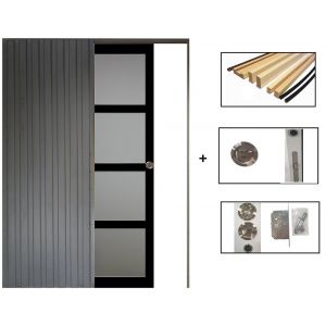 Porte Coulissante Telia Noir Vitree H204 x L73 + SYSTEME Galandage et kit de finition inclus