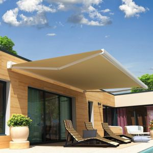 Store banne coffre int&eacute;gral SOA 3,00x2,50 M (Motoris&eacute; Secours &agrave; T&eacute;l&eacute;commande + LED - Blanc satin&eacute; RAL9010 - &Eacute;cru 250g/m&sup2;)