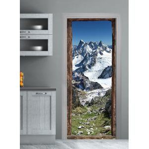 Autocollant Mural Imitation Bois Naturel 204cm X 83cm - Déco Murale Sticker Porte Trompe l'oeil Montagne Neige 204cm X 83cm