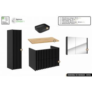 Ensemble complet de salle de bain - Meuble - Colonne - Miroir - Vasque à poser avec Siphon OFFERT / NOVA / Oak / 80 x 56 x 45 cm