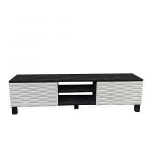 Meuble TV Lukas de 150 cm avec Armoires et Etagères Ouvertes (Effet marbre noir et blanc)