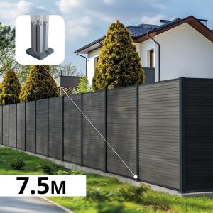 Kit Clôture Composite SANTOS Ardoise 7,5x1,8m - Bois composite & Aluminium - Poteaux sur Platines Gris - Brise vue - Palissade