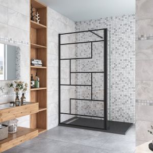 Paroi de douche à l'italienne 100+30x200cm avec barre de fixation noire 90cm recoupable, paroi de douche style modèle avec retour pivotant 30cm en noir mat