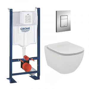 Grohe Pack WC Ideal Standard Tesi Aquablade sans bride + Rapid SL autoportant NF + plaque Skate Cosmo chrome (ProjectTesi-1)