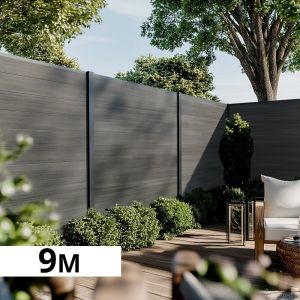 Kit Cloture Composite CRUZ Ardoise 9x1,8m - Bois composite & Aluminium - Poteaux Gris - Occultation - Recoupable