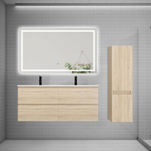 AICA Ensemble meuble double vasque L.120cm 4 tiroirs + lavabo + LED miroir + colonne,ch&ecirc;ne 1
