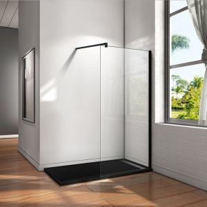 Paroi de douche 80x200cm avec barre de fixation 140cm en carré, profilé noir mat, AICA paroi de douche à l'italienne en 8mm verre securit anticalcaire