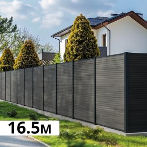 Kit Cloture Composite SANTOS Ardoise 16,5x1,8m - Bois composite & Aluminium - Poteaux Gris - Occultation - Recoupable