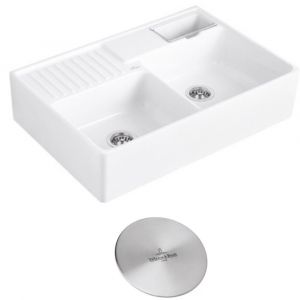 Evier timbre d'office  Tradition 2 bacs 89,5 x 63 céramique vidage auto blanc + Cache bonde acier massif