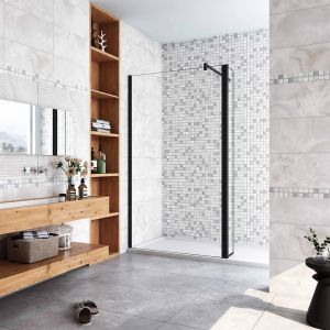 Paroi de douche 110+40x200cm avec barre de fixation 140cm en carré, AICA paroi de douche à l'italienne avec retour pivotant 40cm en 8mm verre anticalcaire, profilé noir mat