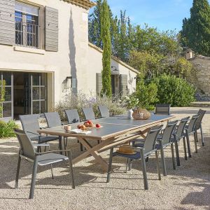 Table de jardin extensible ""Axiome"" graphite & honey 12 places en aluminium - Hesp&eacute;ride
