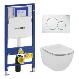 Pack WC Bati Geberit  Duofix + Cuvette Ideal Standard Tesi Aquablade + Plaque de commande Sigma01 Blanche (GEBAQUA-B)