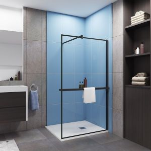 Paroi de douche à l'italienne cadre noir 80x200cm installé avec une barre de fixation carré en 90cm,livré avec étagère de douche noir