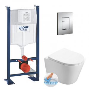 Grohe Pack WC Bâti autoportant + WC sans bride Infinitio + Abattant softclose + Plaque chrome + Set d'isolation phonique