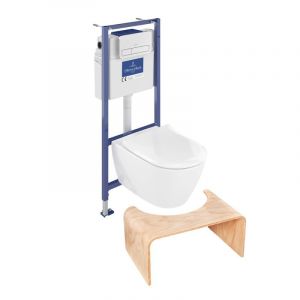 Pack WC sans bride  Subway 2.0 abattant frein de chute + bâti-support sol et mur+ plaque Chromé mat +Tabouret bois