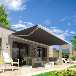 Store banne coffre int&eacute;gral HEVOA 3,00x2,50 M (Motoris&eacute; Secours &agrave; T&eacute;l&eacute;commande - Blanc satin&eacute; RAL9010 - Gris fonc&eacute; 250g/m&sup2;)