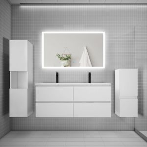 Ensemble meuble de salle de bain 120cm, double vasque + colonne + LED miroir rectangulaire,blanc
