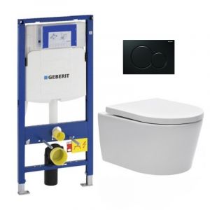 Pack WC Bati-support Geberit avec Cuvette SAT rimless fixations invisibles + Abattant softclose + Plaque noire (GebSatrimless-A)