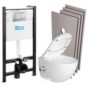 Swiss Aqua Technologies Pack B&acirc;ti-support Roca Active + WC sans bride avec fonction bidet et fixations invisibles + plaque chrome mat + Set d'habillage