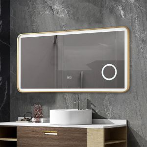 Miroir salle de bain LED 120x60cm anti bu&eacute;e avec cadre en aluminium dor&eacute; et loupe x3 LB-4685G