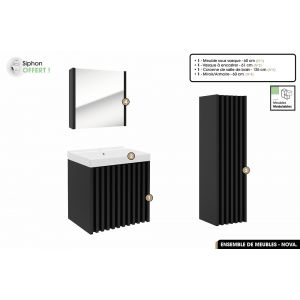 Ensemble complet de salle de bain - Meuble - Colonne - Miroir - Vasque &agrave; encastrer avec Siphon OFFERT / NOVA / Noir / 60 x 56 x 45 cm