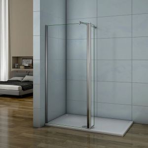 Paroi de douche 70+40x200cm avec barre de fixation 70-120cm en cylindrique, verre 8mm clair de s&eacute;curit&eacute;, AICA paroi de douche &agrave; l'italienne avec retour pivotant 40cm