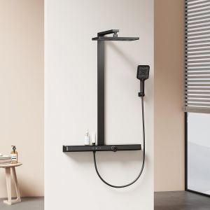 EMKE Colonne de Douche Theramostat 38&deg;C verrouillage de s&eacute;curit&eacute; douche de pluie avec mitigeur, avec tablette extra large, homologu&eacute; KTW, Anthracite