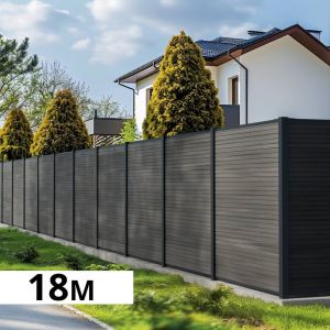 Kit Cloture Composite SANTOS Ardoise 18x1,8m - Bois composite & Aluminium - Poteaux Gris - Occultation - Recoupable