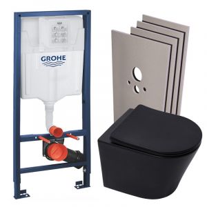 Grohe Pack WC Bâti-support Rapid SL + Cuvette SAT Infinitio noire mat + Abattant frein de chute + Plaque Chrome + Set habillage