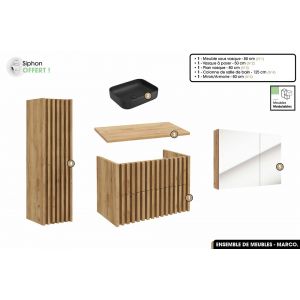 Ensemble complet de salle de bain - Meuble - Colonne - Miroir - Vasque à poser avec Siphon OFFERT / MARCO / Oak / 80 x 56 x 45 cm