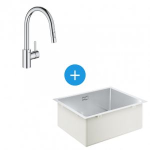 Grohe Kit Evier cuisine K700 sous-plan 540x440mm Acier inoxydable + Mitigeur douchette extractible 2 jets (31574SD1-SET5)