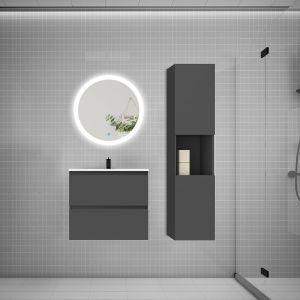 AICA SANITAIRE Ensemble meuble vasque L.60cm 2 tiroirs + lavabo + LED miroir rond 60cm + colonne,anthracite?design