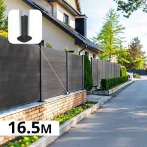 Kit Clôture Composite sur Muret CRUZ Ardoise 16,5x1,8m - Bois composite & Aluminium - Poteaux sur Platines Gris - Brise vue
