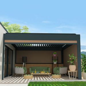 Coffre à coulisses pour pergola SPINELLE et HYLIA 3,00x2,50 M (Motorisé à Télécommande - Gris anthracite structuré RAL7016ST - Micro-perforée Taupe)