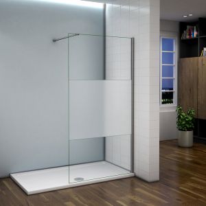 Paroi de douche 90x200cm avec barre de fixation 140cm recoupable, AICA paroi de douche &agrave; l'italienne en 8mm verre bande centrale d&eacute;poli