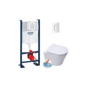 Grohe Pack WC Bâti autoportant + WC suspendu sans bride Infinitio + Abattant softclose + Plaque Blanche + Set d'isolation phonique