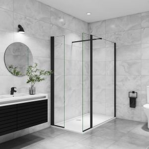 AICA paroi de douche avec retour pivotant 120+40x200cm avec une barre extensible, paroi de douche pivotante 45x200cm, profil en Noir mat, verre 8mm securit anticalcaire