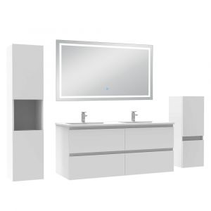 Ensemble meuble salle de Bain 120cm avec colonne et miroir mural lumineux 3 couleurs blanc