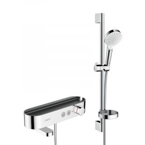 Hansgrohe Pack Mitigeur thermostatique bain/douche 400 avec tablette, bec d&eacute;verseur rotatif + Set de douche 2 jets, Chrome