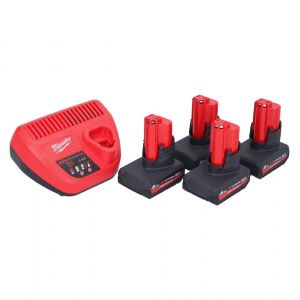 Milwaukee M12 HNRG-504 Batterie Starter Set 4x HB5 High Output 12 V 5,0 Ah / 5000 mAh Li-Ion Batterie ( 4x 4932480165 ) + M12-C12C Ladegert