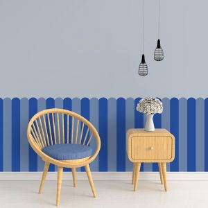 Papier peint découpé préencollé, soubassement, festonné, rayures, bleu foncé, bleu électrique, festons, raccordable, 83 cm X 195 cm