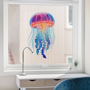 Stickers décoratifs électrostatique, méduse, bleu, rose, orange, mer, animaux marins, enfant, 68 cm X 48 cm