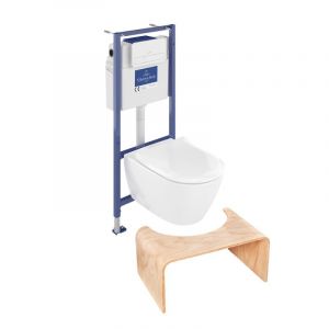 Pack WC sans bride  Subway 2.0 abattant frein de chute + bâti-support sol et mur + plaque Chromé + Tabouret bois