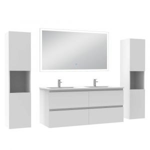 Ensemble meuble Salle de Bain 120cm avec colonne + miroir lumineux dimmable blanc